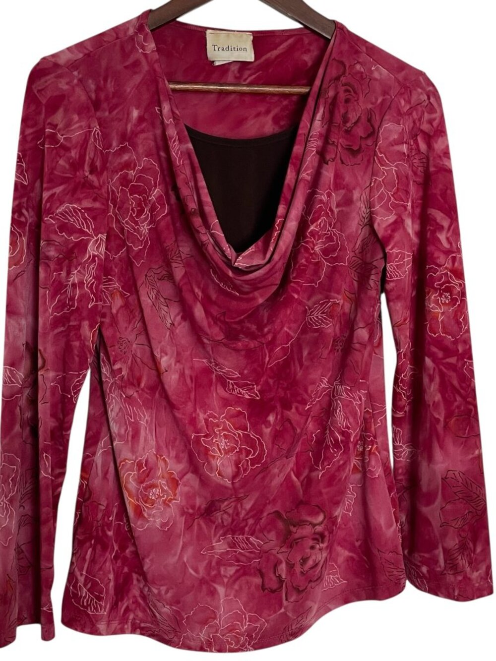 Vintage Y2K Cowl Neck Top Medium M Pink Roses Floral Romantic Ethereal Shirt